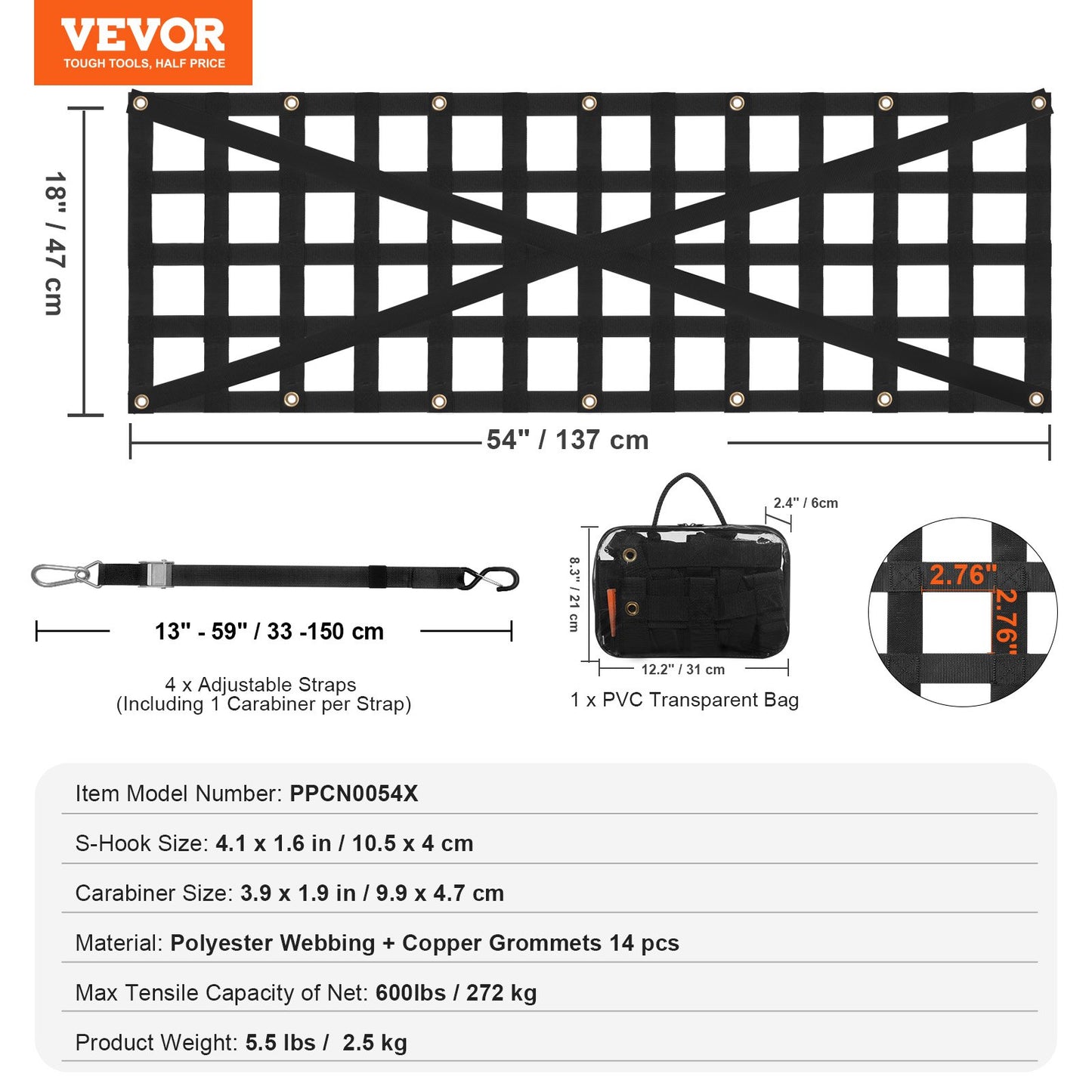 Tailgate Net, 54 in x 18 in, Heavy Duty Cargo Net for Truck Bed with 4 Adjustable Telescopic Straps, Cross-reinforced Design, Extendable & Durable, Suitable for Pickup, Truck, Trailer, Jeep, SUV