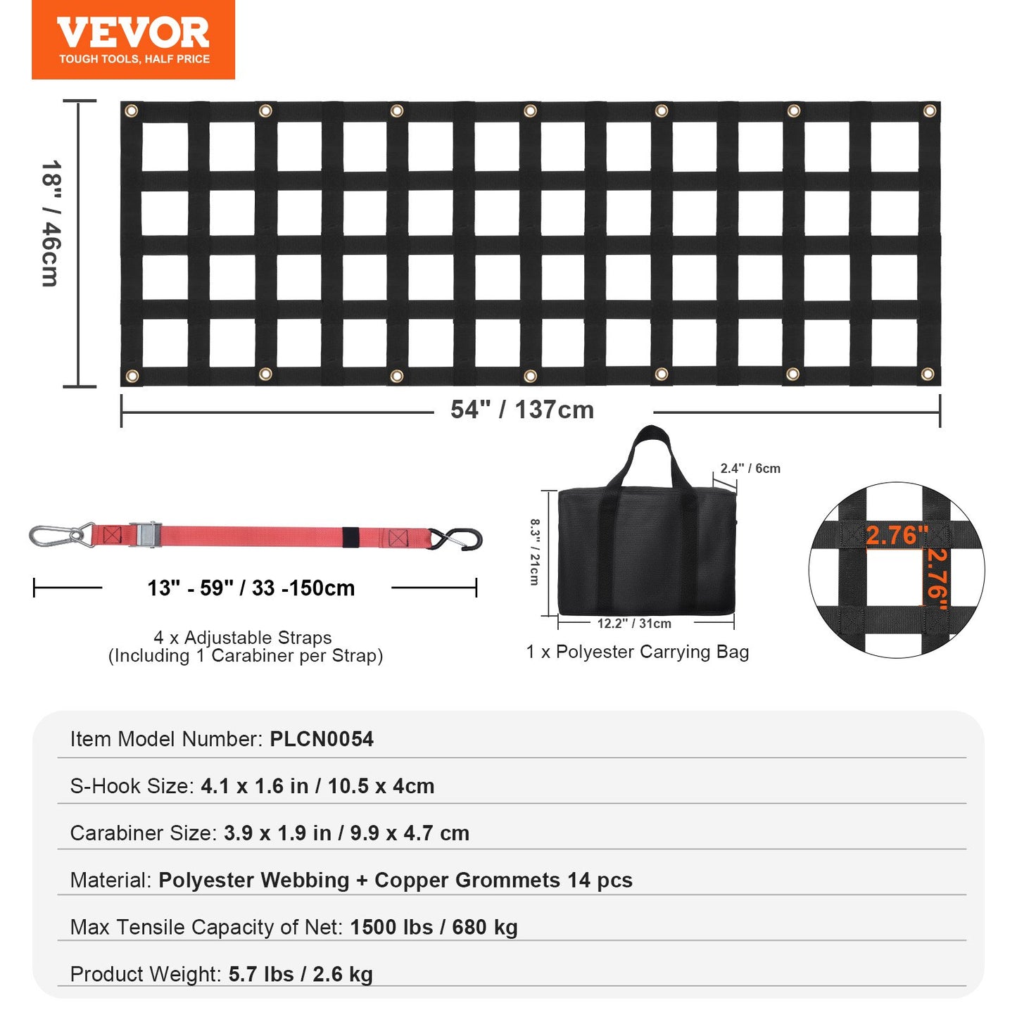 Tailgate Net, 54 in x 18 in, Heavy Duty Cargo Net for Truck Bed with 4 Adjustable Telescopic Straps, Extendable & Durable, Flexible Adjustment, Suitable for Pickup, Trailer, Truck, Jeep, SUV