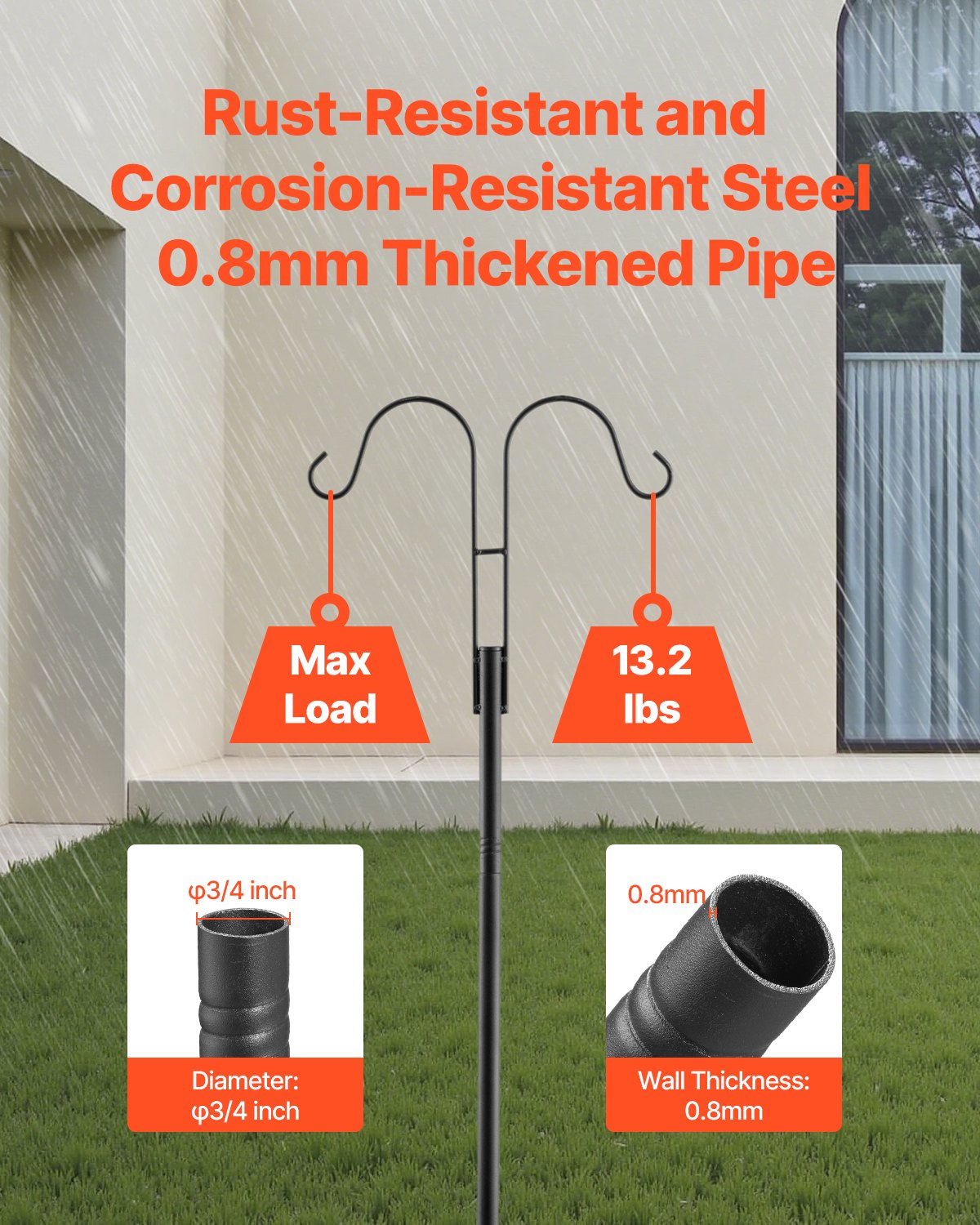 Double Shepherds Hooks for Outdoor, 8 Pack 108 Inch Heavy Duty Bird Feeder Pole, 3/4 Inch Thick Garden Hooks for Hanging Hummingbird Feeder, Plant Baskets, Solar Light Lanterns,Wind Chimes