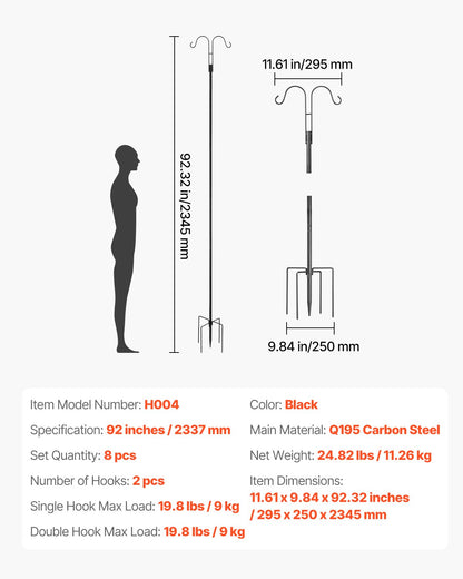 Double Shepherds Hooks for Outdoor, 8 Pack 92 Inch Heavy Duty Bird Feeder Pole, 3/4 Inch Thick Garden Hooks for Hanging Hummingbird Feeder, Plant Baskets, Solar Light Lanterns,Wind Chimes