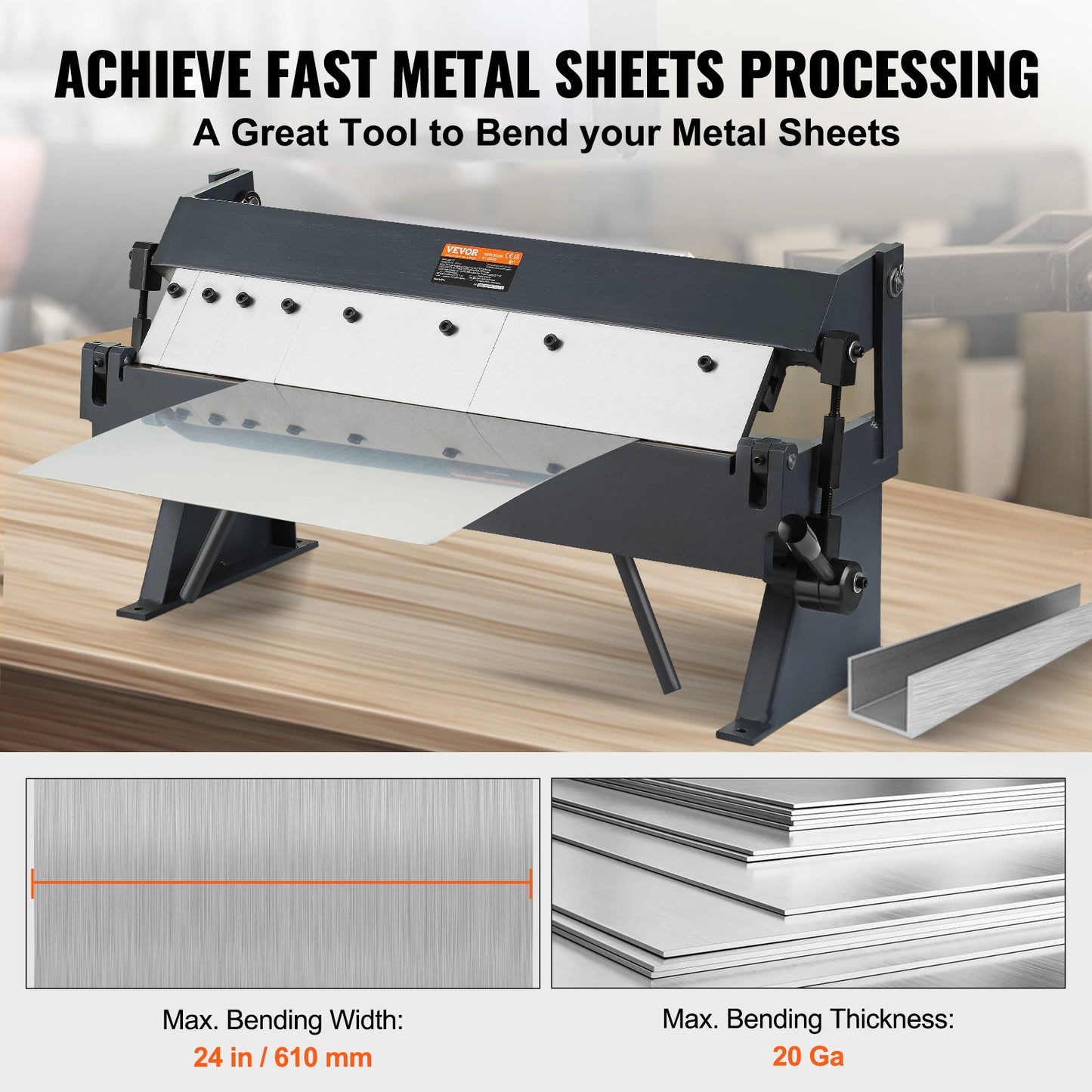Box and Pan Brake, 24-Inch, 0-130 Degrees Sheet Metal Bending Brake, Portable Metal Bender with 20 Gauge Low Carbon Steel 14 Gauge Aluminum Capacity, 5 Adjustable Fingers for Metal Bending