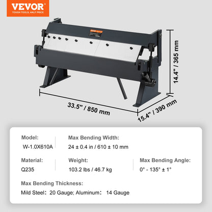 Box and Pan Brake, 24-Inch, 0-130 Degrees Sheet Metal Bending Brake, Portable Metal Bender with 20 Gauge Low Carbon Steel 14 Gauge Aluminum Capacity, 5 Adjustable Fingers for Metal Bending