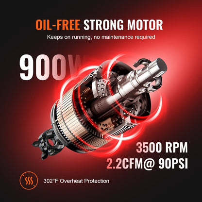 Air Compressor 4.8 Gallon 900W 2.2 CFM@ 90PSI 70 dB Ultra Quiet Oil Free
