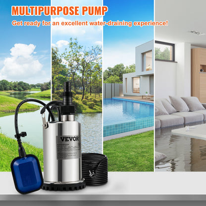 Submersible Water Pump, 550W 9500L/H, with 10m Cord and Automatic Bound Float Switch, Portable Stainless Steel for Clean, Empty Flooded Area, Swimming Pools, Hot Tubs, for Irrigation