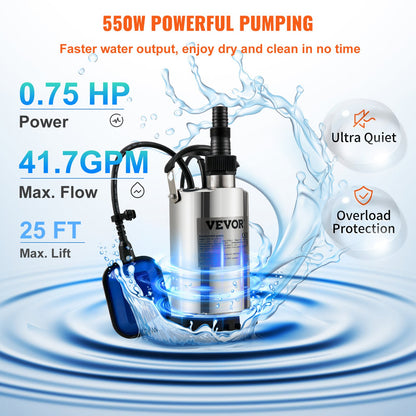 Submersible Water Pump, 550W 9500L/H, with 10m Cord and Automatic Bound Float Switch, Portable Stainless Steel for Clean, Empty Flooded Area, Swimming Pools, Hot Tubs, for Irrigation