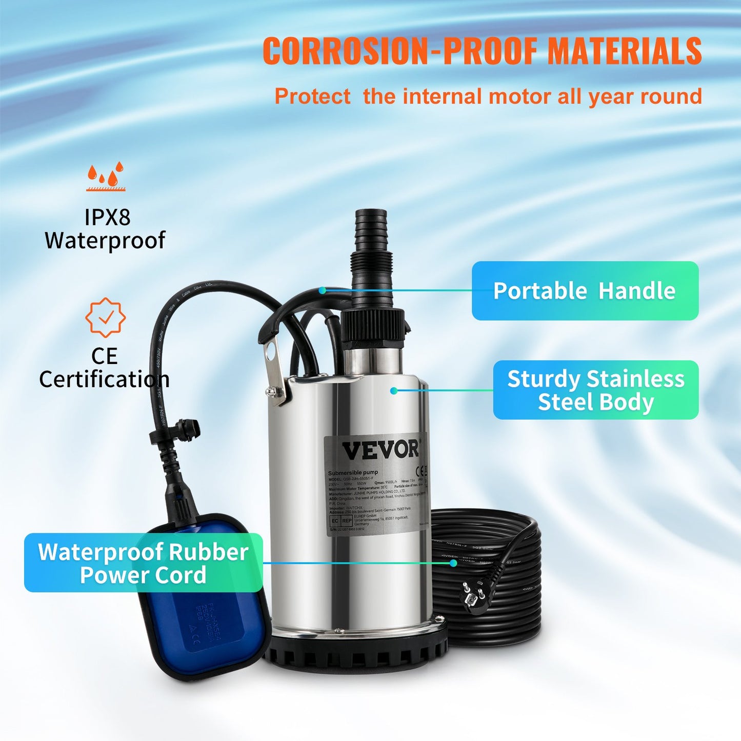 Submersible Water Pump, 550W 9500L/H, with 10m Cord and Automatic Bound Float Switch, Portable Stainless Steel for Clean, Empty Flooded Area, Swimming Pools, Hot Tubs, for Irrigation