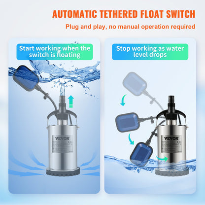 Submersible Water Pump, 550W 9500L/H, with 10m Cord and Automatic Bound Float Switch, Portable Stainless Steel for Clean, Empty Flooded Area, Swimming Pools, Hot Tubs, for Irrigation