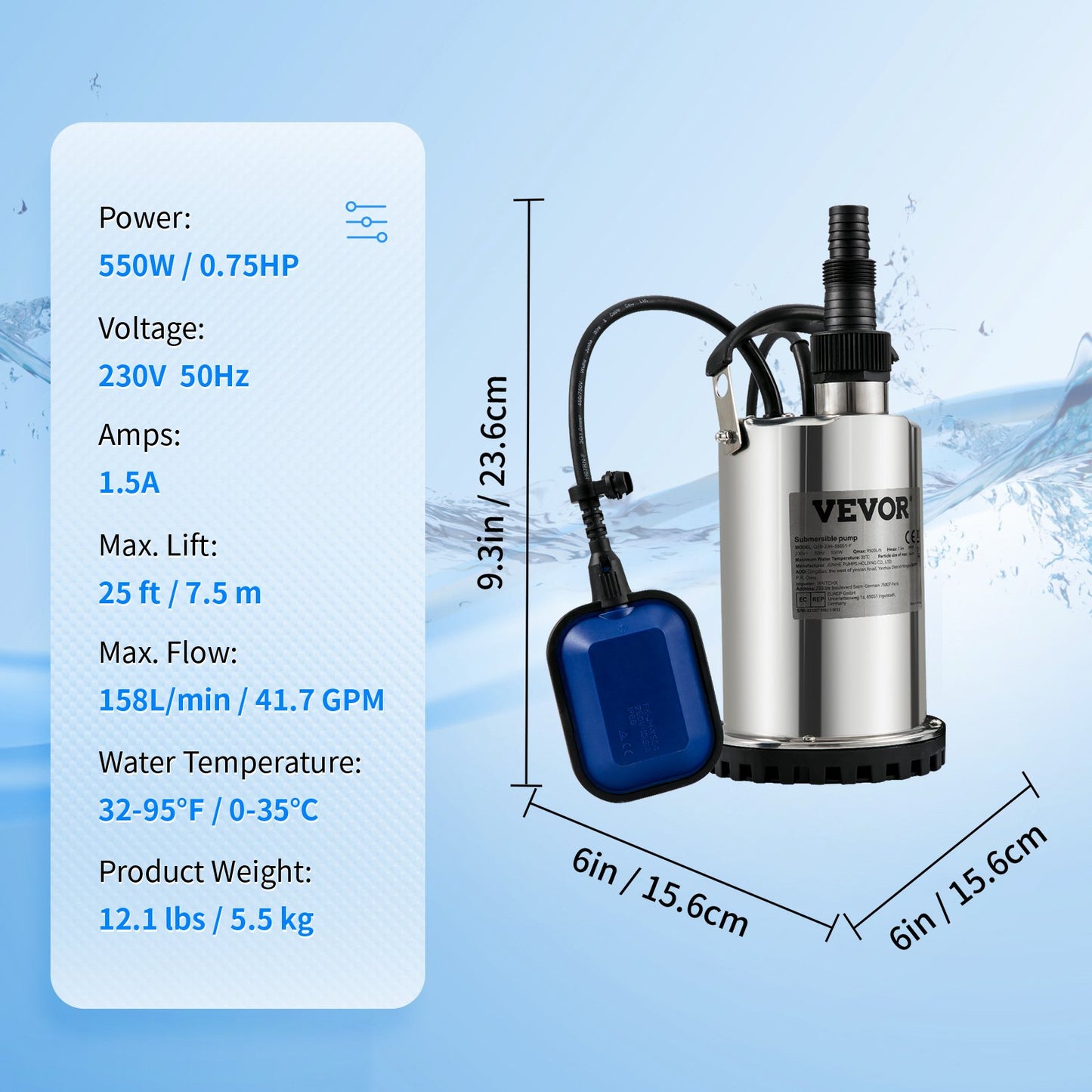 Submersible Water Pump, 550W 9500L/H, with 10m Cord and Automatic Bound Float Switch, Portable Stainless Steel for Clean, Empty Flooded Area, Swimming Pools, Hot Tubs, for Irrigation