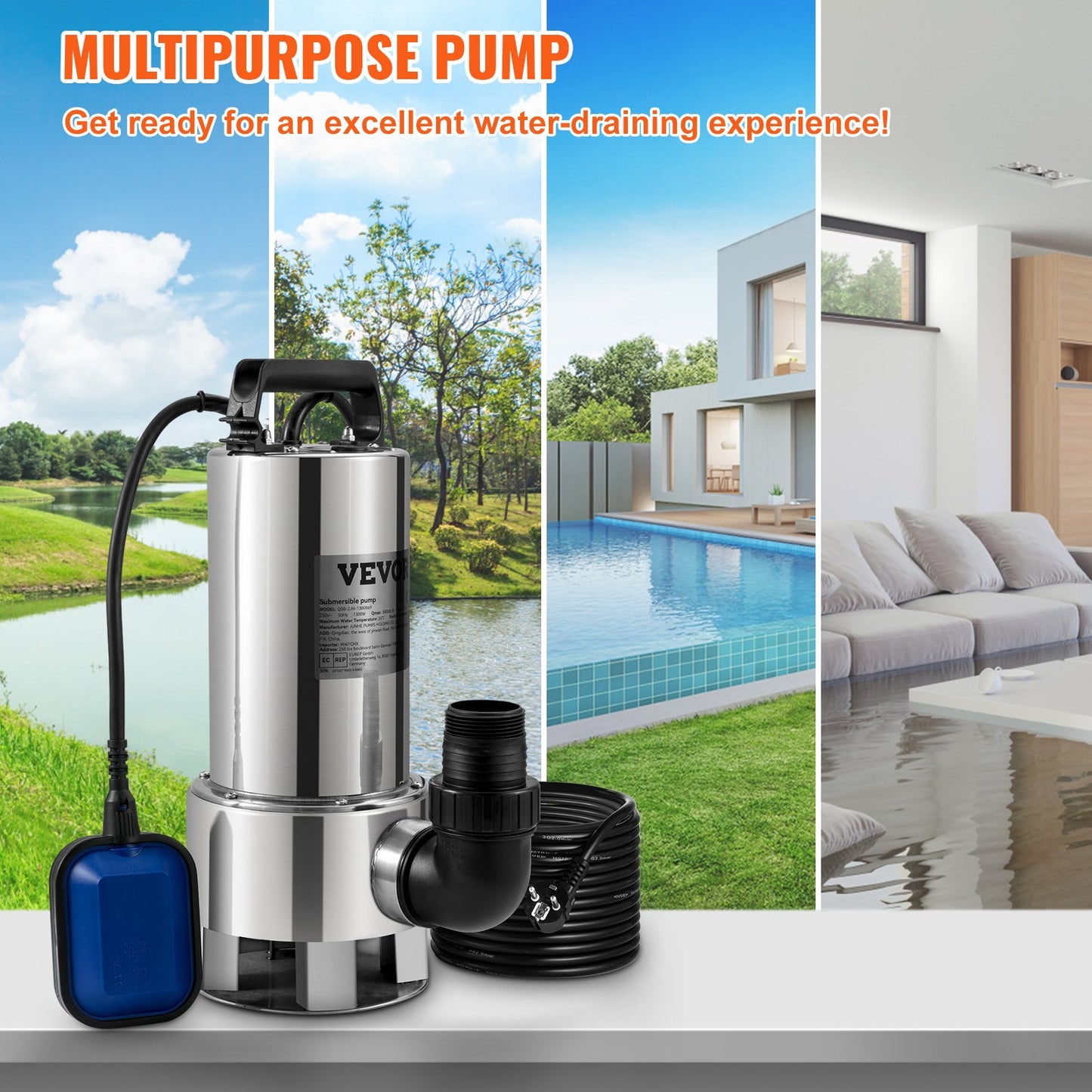 Submersible water pump, 1300W 20000L/H, with 10 m cord and automatic tied float switch, stainless steel and cast iron for dirty or clean, empty garden ponds, pools, hot tubs