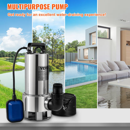 Submersible water pump, 1300W 20000L/H, with 10 m cord and automatic tied float switch, stainless steel and cast iron for dirty or clean, empty garden ponds, pools, hot tubs