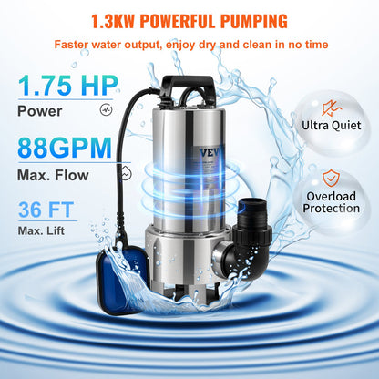 Submersible water pump, 1300W 20000L/H, with 10 m cord and automatic tied float switch, stainless steel and cast iron for dirty or clean, empty garden ponds, pools, hot tubs