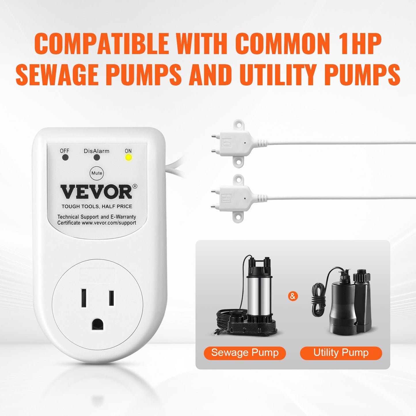 Sump Pump Alarm, Indoor/Outdoor High Water Septic Tank Alarm With HI/LO Dual Sensors, 85dB Loud Alarm and 16.4ft Extended Sensor Cable, For Sewage Pits, Submersible, Utility
