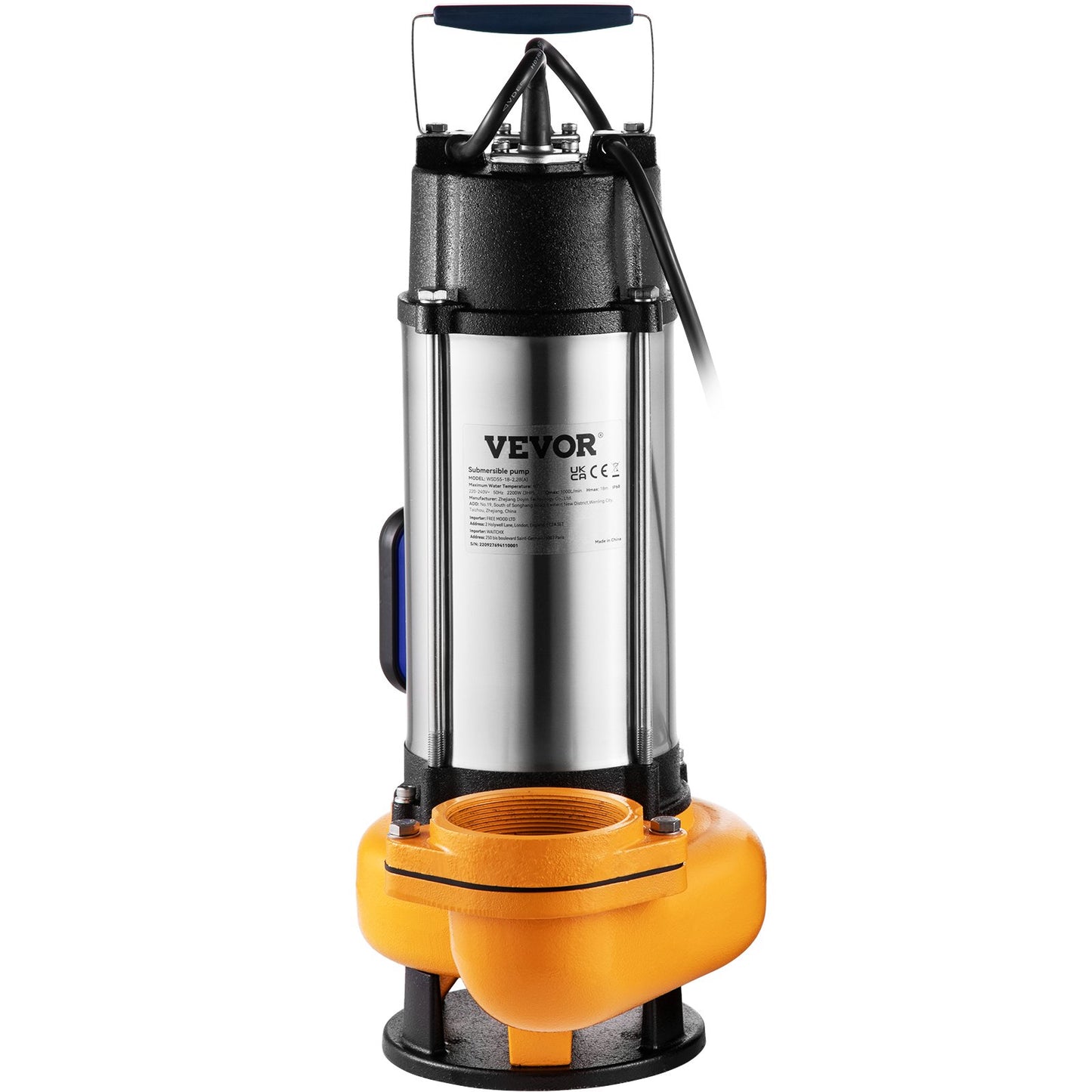 Tauchwasserpumpe, 2200 W, 60000 l/h, mit 10 m Kabel und automatisch angeschlossenem Schwimmerschalter, tragbarer Edelstahl für Schmutz- oder Sauberwasser, Entwässerungsüberläufe, leere Gartenteiche, Schwimmbäder, Whirlpools