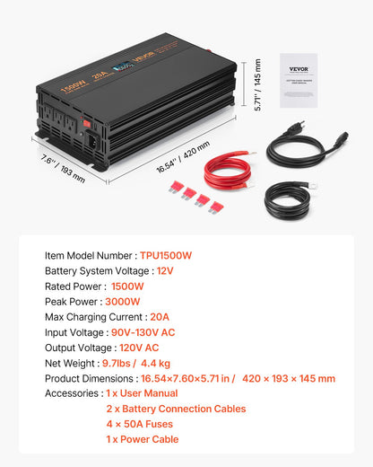 Sump Pump Battery Backup System, 1500W, Auto Switches to Battery Inverter for Continuous Sump Pump Operation, Pure Sine Wave, LCD Display, for Basement Protection Emergency and Power Outage