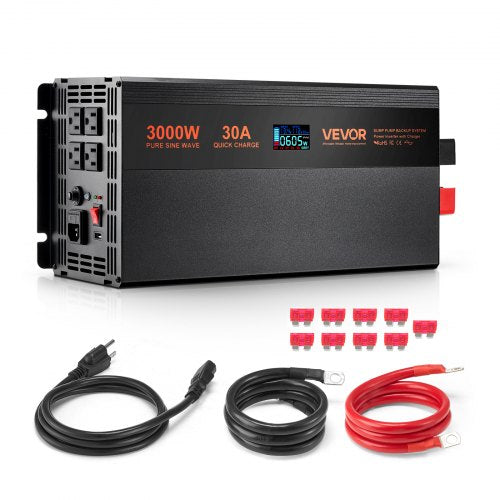 Sump Pump Battery Backup System, 3000W, Auto Switches to Battery Inverter for Continuous Sump Pump Operation, Pure Sine Wave, LCD Display, for Basement Protection Emergency and Power Outage