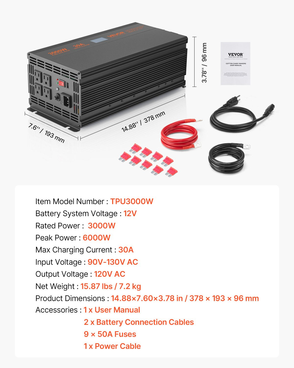 Sump Pump Battery Backup System, 3000W, Auto Switches to Battery Inverter for Continuous Sump Pump Operation, Pure Sine Wave, LCD Display, for Basement Protection Emergency and Power Outage