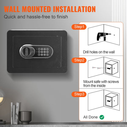 Safe, 0,5 Kubikfuß Heimsafe, Sicherheitsschrank aus Stahl mit digitalem Tastenfeld und 2 Schlüsseln, Wandmontierter Schranksafe zum Schutz von Bargeld, Gold, Schmuck, Dokumenten für Zuhause, Hotel, 13,8 x 9,8 x 9,8 Zoll