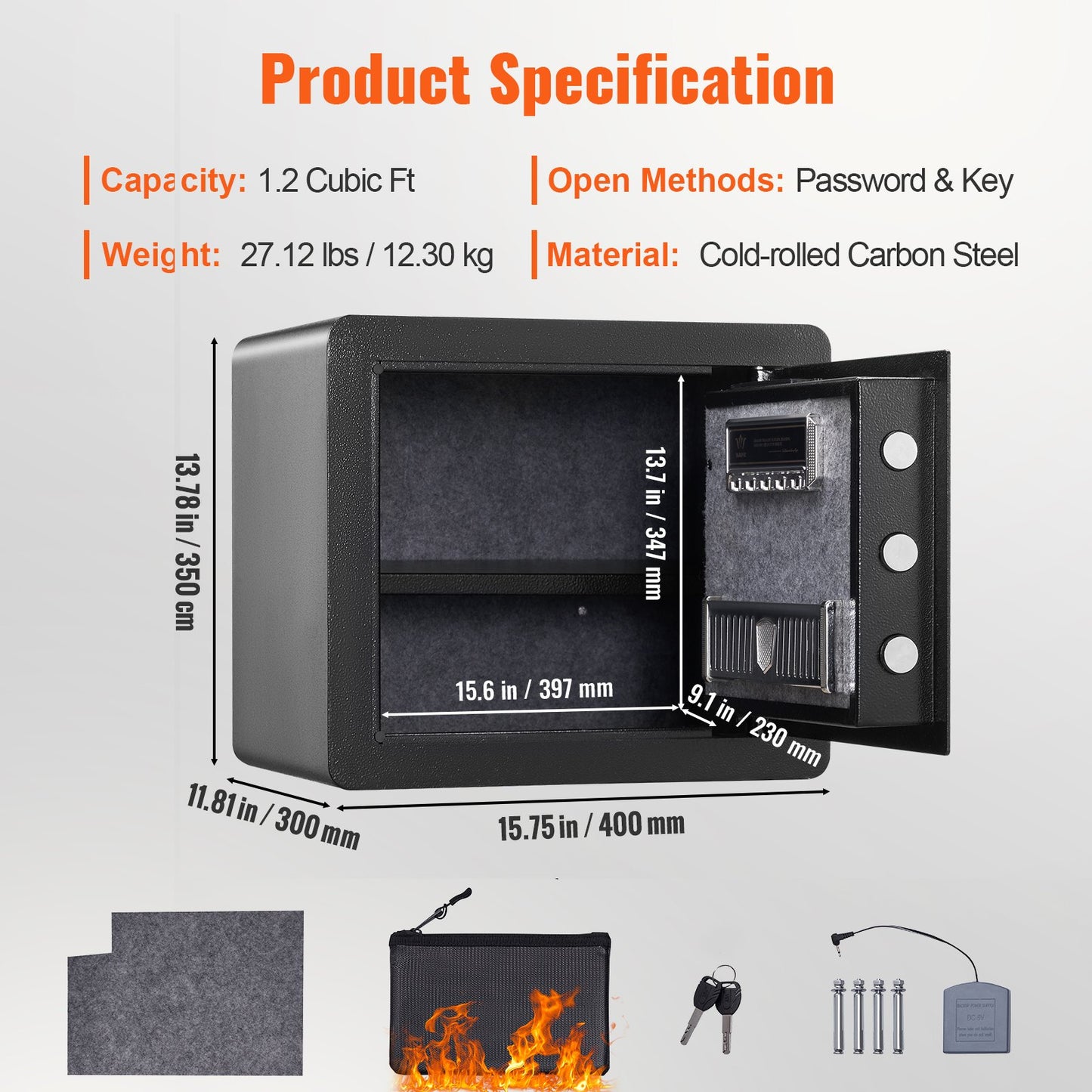 Safe, 1.2 Cubic Feet Home Safe, Steel Security Safe with Digital Keypad and 2 Keys, Cabinet Safe with Fire-proof Bag, Protect Cash, Gold, Jewelry, Documents for Home, Hotel, 15.8x11.8x13.8 inche