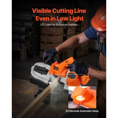 20V Bärbar Sladdlös Bandsåg 2,56 Tum Skärdjup 0-92 M/min Variabel Hastighet Borstlös Motor Med LED-Lampa För Sågning Av Stål, Aluminium, Kablar, Vinklingsjärn, PVC-Rör (Bara Verktyg)
