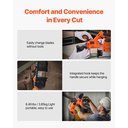 20V Bärbar Sladdlös Bandsåg 2,56 Tum Skärdjup 0-92 M/min Variabel Hastighet Borstlös Motor Med LED-Lampa För Sågning Av Stål, Aluminium, Kablar, Vinklingsjärn, PVC-Rör (Bara Verktyg)