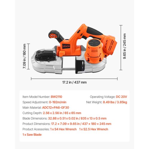 20V Bärbar Sladdlös Bandsåg 2,56 Tum Skärdjup 0-92 M/min Variabel Hastighet Borstlös Motor Med LED-Lampa För Sågning Av Stål, Aluminium, Kablar, Vinklingsjärn, PVC-Rör (Bara Verktyg)