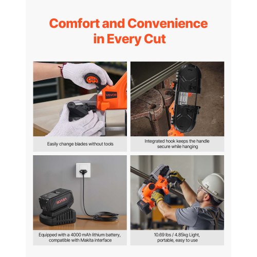 20V bärbar sladdlös bandsågsats med batteri och laddare, 65 x 65 mm sågdjup metallbandsåg med borstlös motor, 0-192 m/min variabel hastighet för sågning av metall, trä |  EU