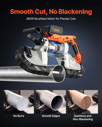 20V Portable Band Saw Kit, 5 Inches Deep Cut, AC 110V, 360W Bandsaw with Brushless Motor, 4.0 Ah Battery, Cordless and Compact Portaband, 0-120 m/min Variable Speed, for Cutting Metal, Wood