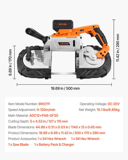 20V Portable Band Saw Kit, 5 Inches Deep Cut, AC 110V, 360W Bandsaw with Brushless Motor, 4.0 Ah Battery, Cordless and Compact Portaband, 0-120 m/min Variable Speed, for Cutting Metal, Wood