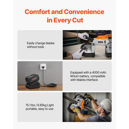 20V Portable Cordless Band Saw Kit with Battery and Charger, 127mm x 115mm Cutting Depth Metal Band Saw with Brushless Motor, 0-192m/min Variable Speed ​​for Cutting Metal, Wood | EU
