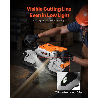 20V Portable Cordless Band Saw 13 cm Cutting Depth 0-120 m/min Variable Speed Brushless Motor, With LED Light, For Sawing Steel, Aluminum, Cables, Angle Iron, PVC Pipe (Tool Only)