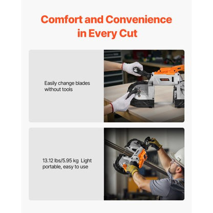 20V Portable Cordless Band Saw 13 cm Cutting Depth 0-120 m/min Variable Speed Brushless Motor, With LED Light, For Sawing Steel, Aluminum, Cables, Angle Iron, PVC Pipe (Tool Only)