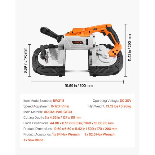 20V Portable Cordless Band Saw 13 cm Cutting Depth 0-120 m/min Variable Speed Brushless Motor, With LED Light, For Sawing Steel, Aluminum, Cables, Angle Iron, PVC Pipe (Tool Only)