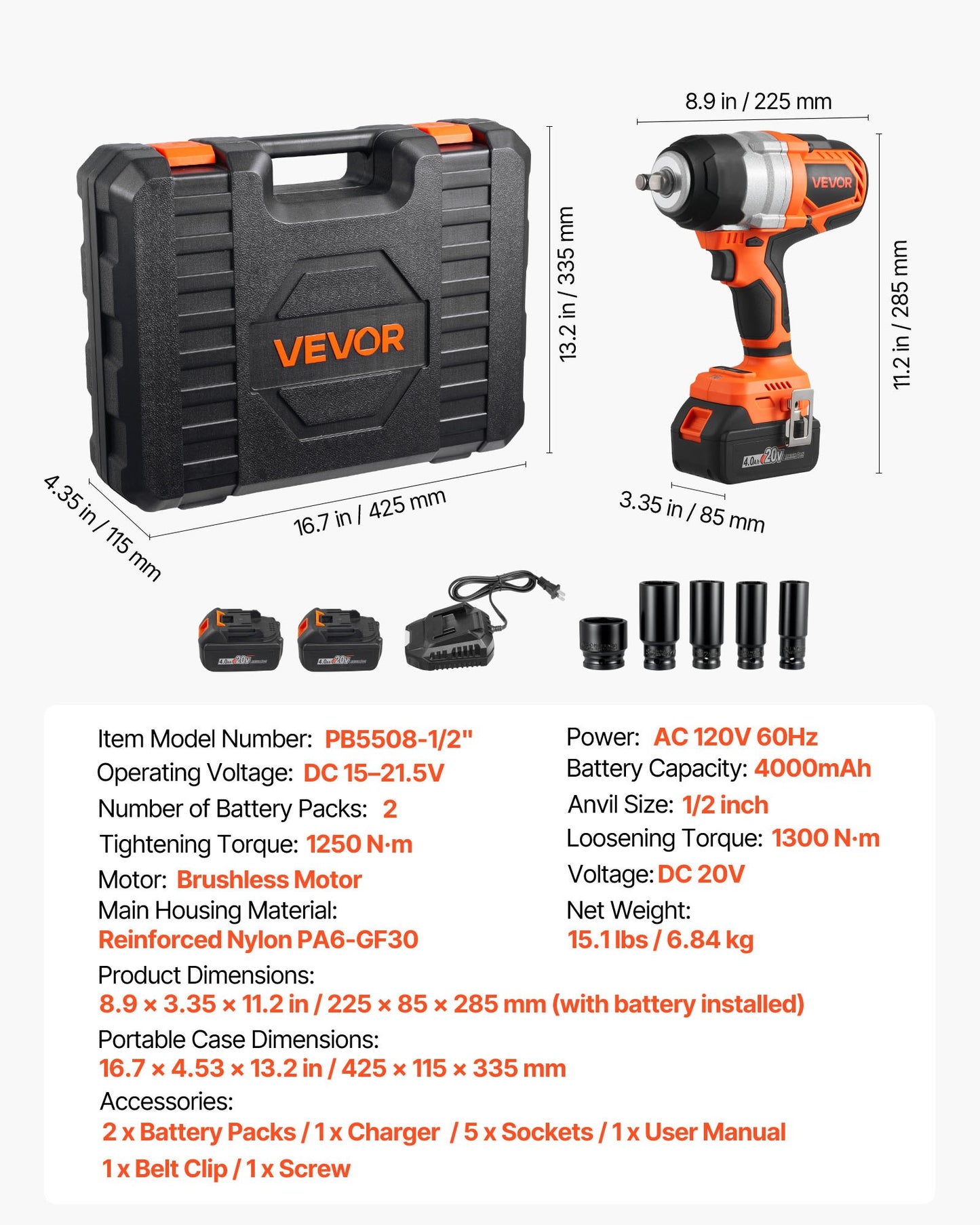 Cordless Impact Wrench, 958.8 ft-lbs / 1300 N·m High Torque, 1/2 inch, 20V Electric Impact Wrench with Brushless Motor, 2 x 4Ah Batteries, Charger, 5 Sockets and Belt Clip, for Car Tire Truck