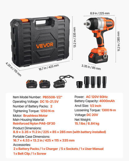 Cordless Impact Wrench, 958.8 ft-lbs / 1300 N·m High Torque, 1/2 inch, 20V Electric Impact Wrench with Brushless Motor, 2 x 4Ah Batteries, Charger, 5 Sockets and Belt Clip, for Car Tire Truck