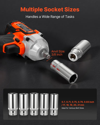 Cordless Impact Wrench, 280 ft-lbs / 380 N·m High Torque, 3/8 inch, 20V Electric Impact Wrench with Brushless Motor, 4Ah Battery, Charger, 5 Sockets and Belt Clip, for Car Tire Truck DIY