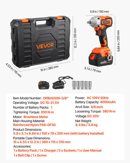 Cordless Impact Wrench, 280 ft-lbs / 380 N·m High Torque, 3/8 inch, 20V Electric Impact Wrench with Brushless Motor, 4Ah Battery, Charger, 5 Sockets and Belt Clip, for Car Tire Truck DIY