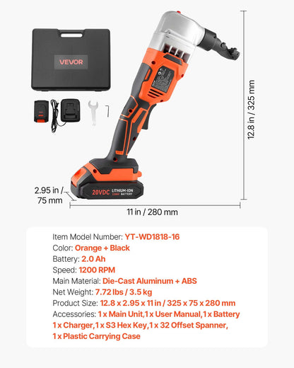 Cordless Metal Nibbler, with 18 V 2000 mAh Battery, 1200 RPM Brushless Motor, Electric Nibbler Metal Cutter with Plastic Carrying Case for Cutting Stainless Steel, Aluminum, and Copper Sheet
