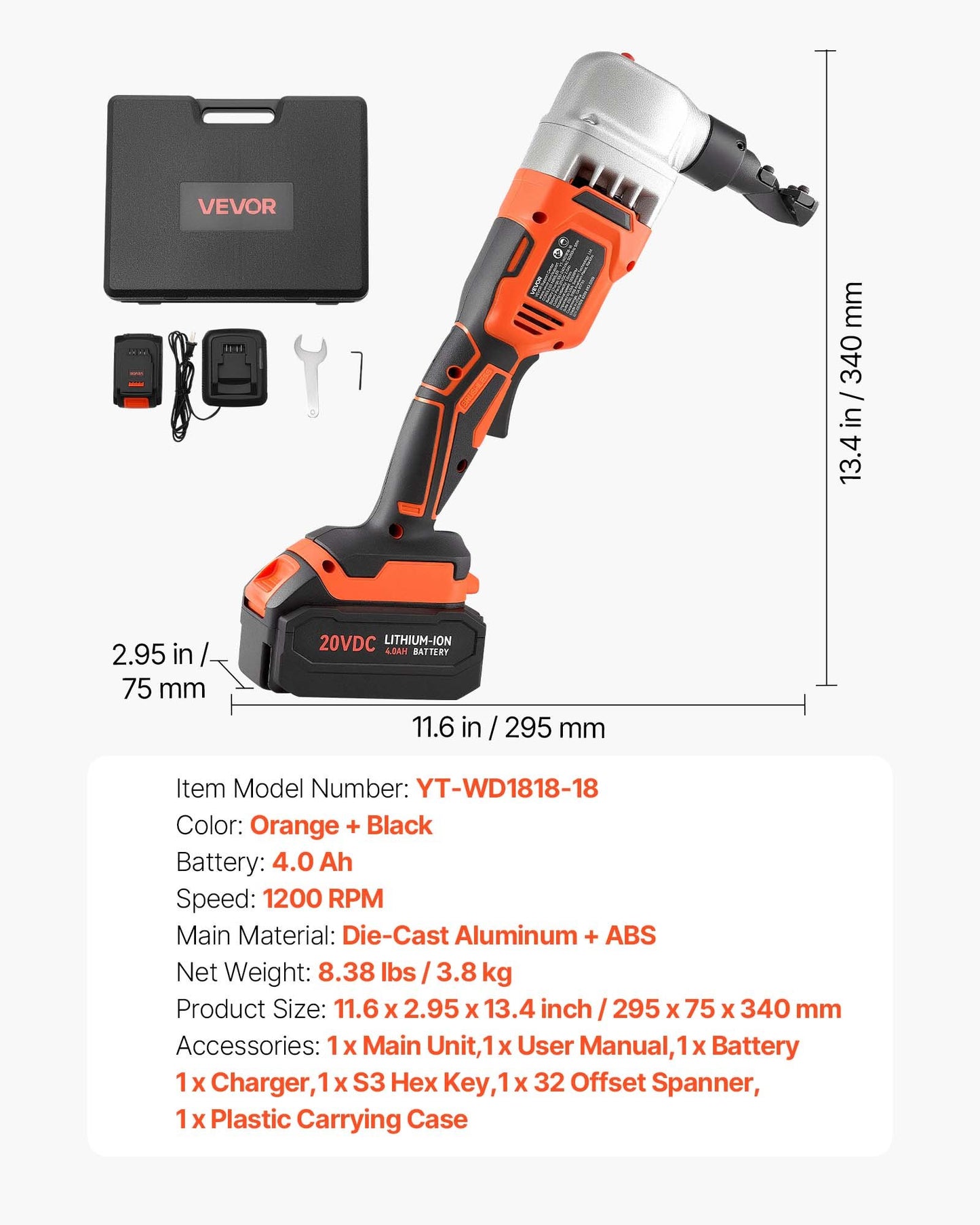 Cordless Metal Nibbler, with 18 V 4000 mAh Battery, 1200 RPM Brushless Motor, Electric Nibbler Metal Cutter with Plastic Carrying Case for Cutting Stainless Steel, Aluminum, and Copper Sheet