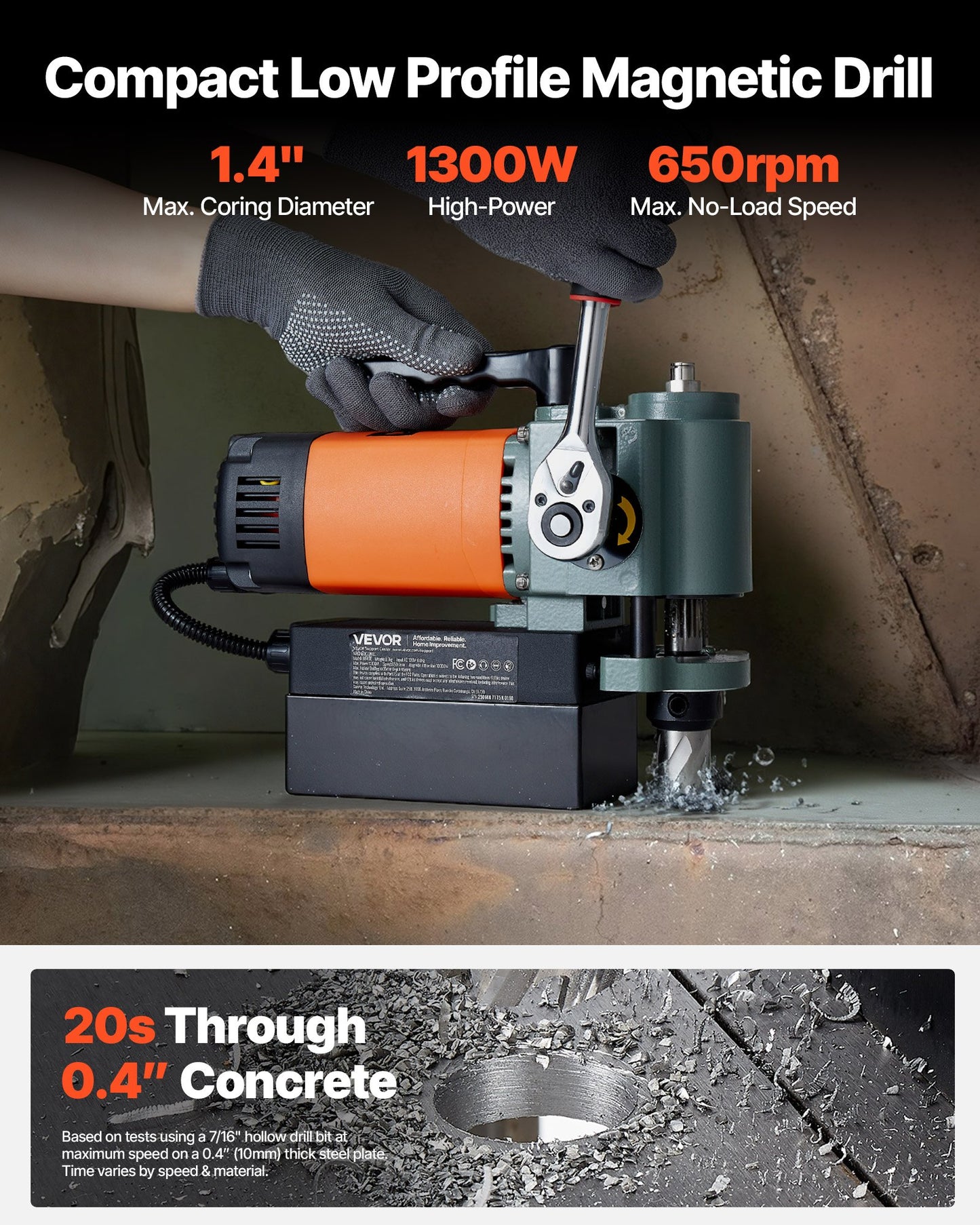 Low Profile Magnetic Drill Press, 1300 W, 1.4 in Boring Diameter, 2248 lbf Power Portable Mag Drill Press, 650RPM Speed, with Weldon Shank, for Metal Surface, Industrial and Home Improvement