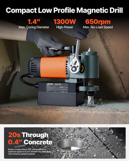Low Profile Magnetic Drill Press, 1300 W, 1.4 in Boring Diameter, 2248 lbf Power Portable Mag Drill Press, 650RPM Speed, with Weldon Shank, for Metal Surface, Industrial and Home Improvement