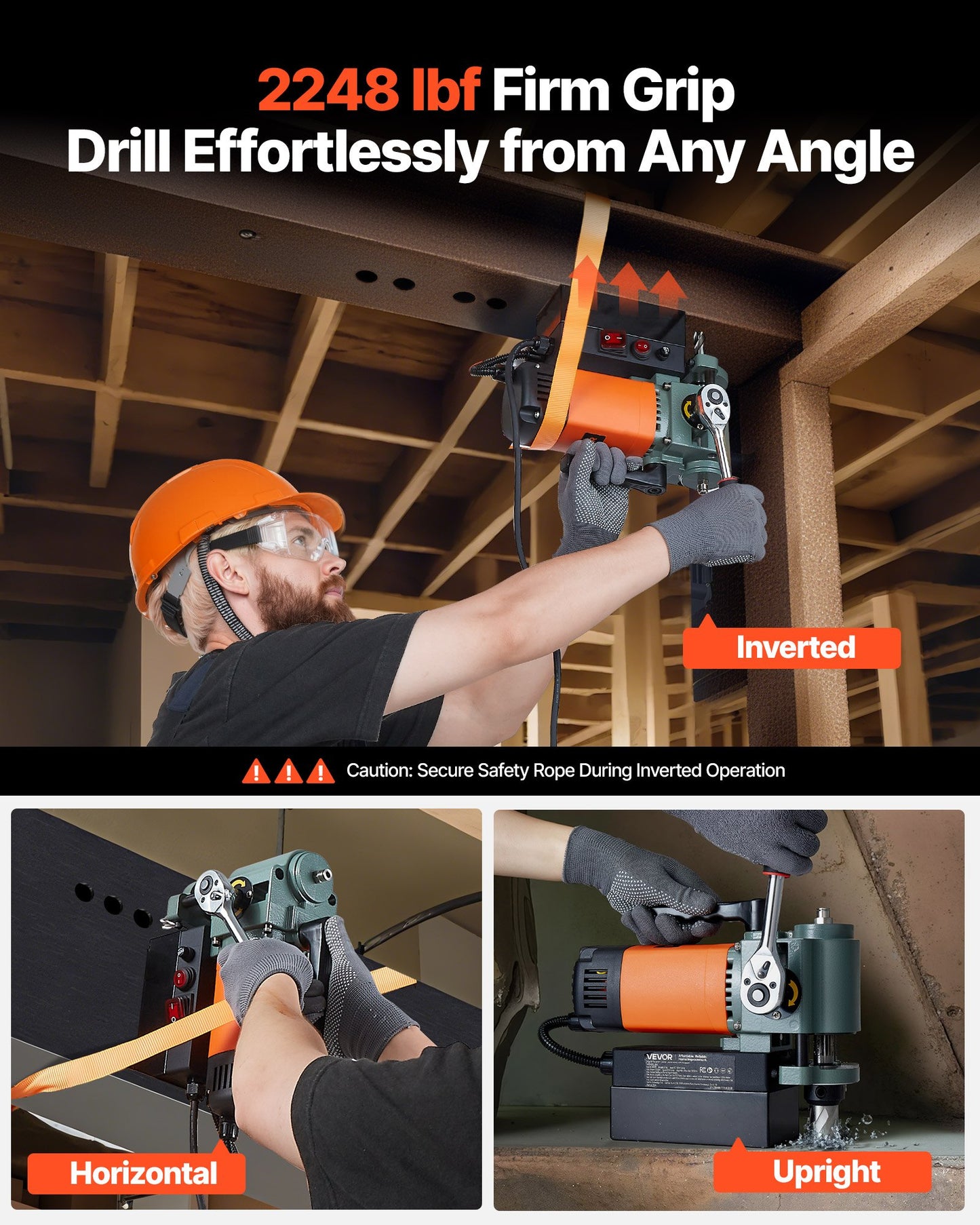 Low Profile Magnetic Drill Press, 1300 W, 1.4 in Boring Diameter, 2248 lbf Power Portable Mag Drill Press, 650RPM Speed, with Weldon Shank, for Metal Surface, Industrial and Home Improvement