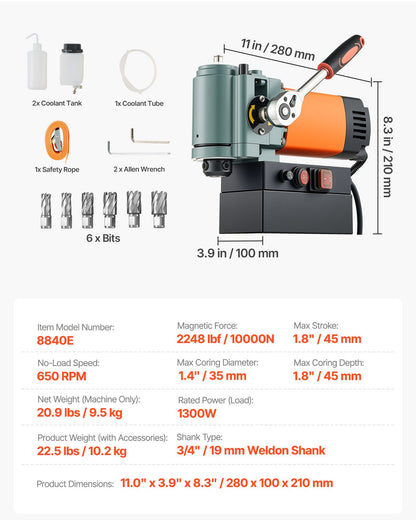 Low Profile Magnetic Drill Press, 1300 W, 1.4 in Boring Diameter, 2248 lbf Power Portable Mag Drill Press, 650RPM Speed, with Weldon Shank, for Metal Surface, Industrial and Home Improvement