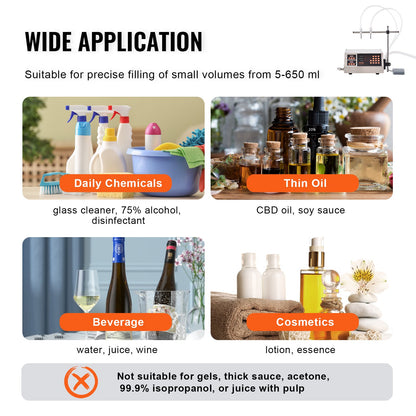 Flüssigkeitsabfüllmaschine, 5–650 ml Füllkapazität, automatische Flaschenabfüllmaschine, Abfüllmaschine mit digitaler Schlauchpumpe für Milch, Wasser, Wein, Getränke, Sojasauce (Doppeldüse)