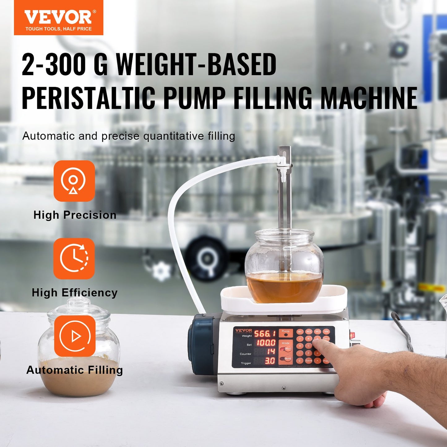 Liquid Filling Machine, 5-300 g Weighing Capacity, Automatic Bottle Filler Machine, Bottling Machine Peristaltic Pump Digital Control for Milk, Water, Wine, Beverage, Soy Sauce (Single Nozzle)