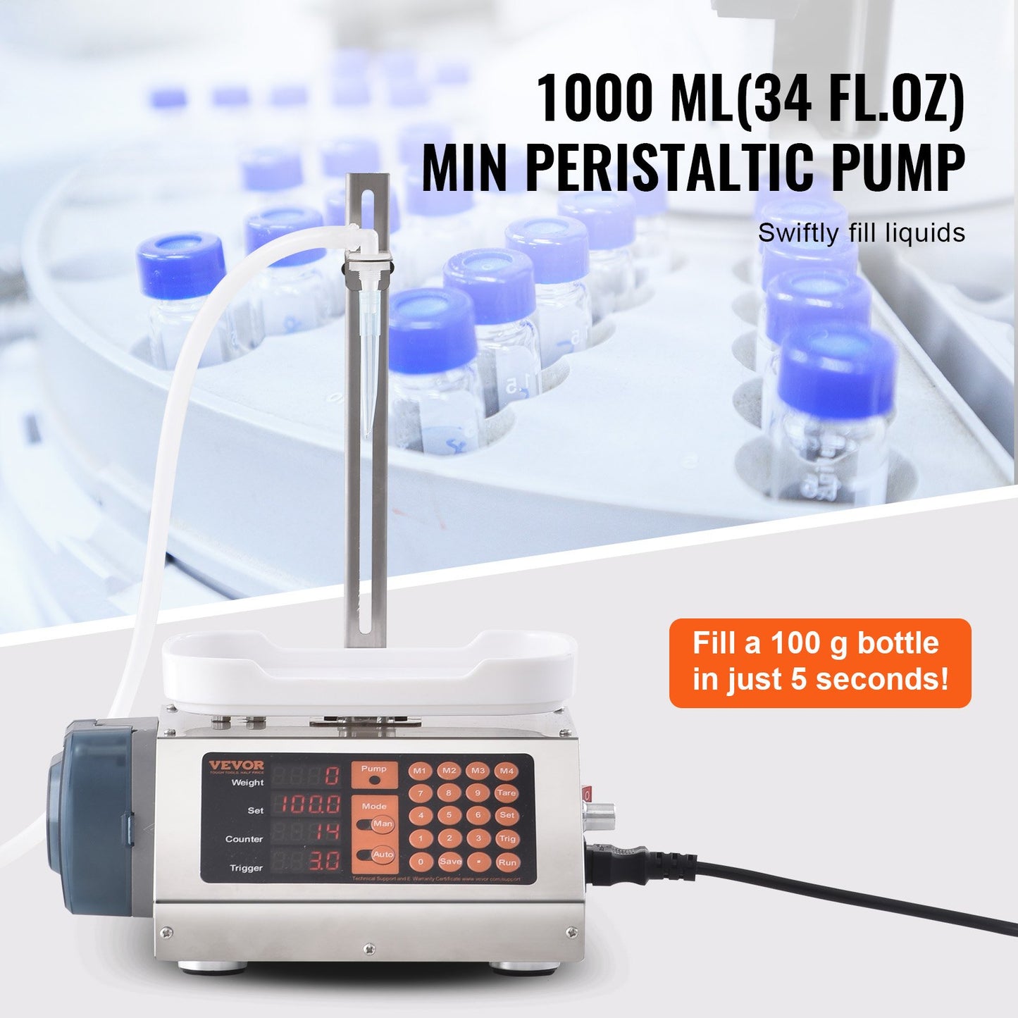 Liquid Filling Machine, 5-300 g Weighing Capacity, Automatic Bottle Filler Machine, Bottling Machine Peristaltic Pump Digital Control for Milk, Water, Wine, Beverage, Soy Sauce (Single Nozzle)