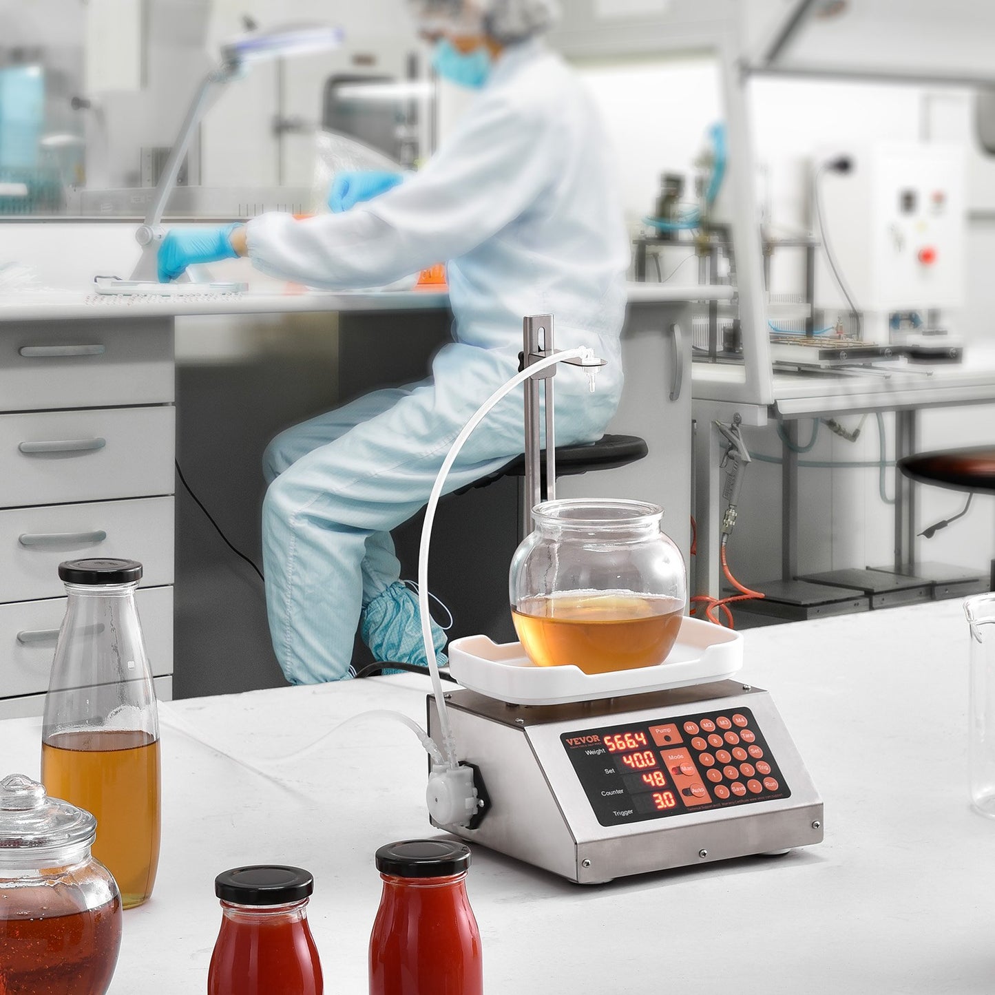 Liquid Filling Machine, 5-50 g Weighing Capacity, Automatic Bottle Filler Machine, Bottling Machine Peristaltic Pump Digital Control for Milk, Water, Wine, Beverage, Soy Sauce (Single Nozzle)