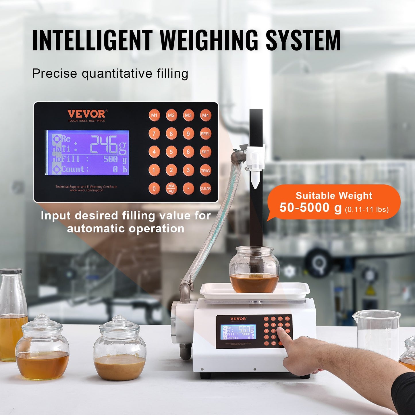 Vätskepåfyllningsmaskin, 50-5000 g vägningskapacitet, automatisk flaskfyllningsmaskin tappningsmaskin Kugghjulspump Digital kontroll för honung, olja, vin, tvättmedel, trögflytande vätskor (enkel munstycke)