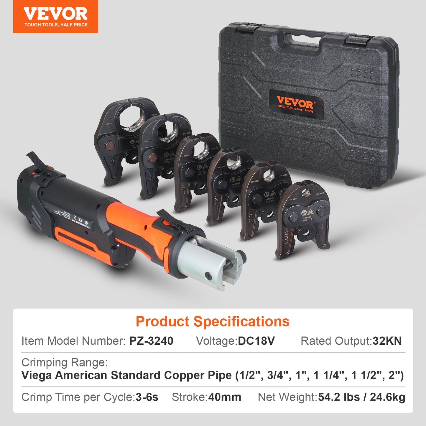 ProPress Tool, 18V Electric Pipe Crimping Tool for 1/2”, 3/4”, 1”, 1 1/4", 1 1/2", 2" Copper Pipes, Press Tool Kit with Brushless Motor, 6 Pro Press Jaws, 2pcs 4AH Battery