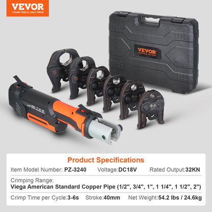 ProPress Tool, 18V Electric Pipe Crimping Tool for 1/2”, 3/4”, 1”, 1 1/4", 1 1/2", 2" Copper Pipes, Press Tool Kit with Brushless Motor, 6 Pro Press Jaws, 2pcs 4AH Battery