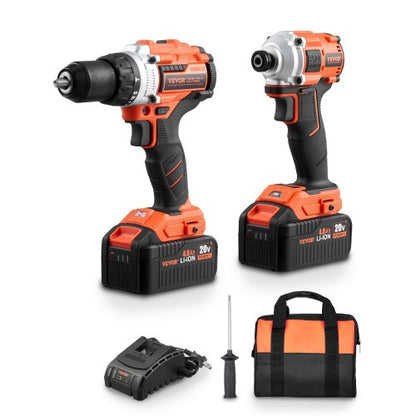 Tool Combo Kit, 20V Max Cordless 2-Tool Combo Kit, with 1/2 in Impact Drill, 1/4 in Impact Driver, Compact Cordless Power Tool Combo Kit with 4.0 Ah Batteries, Screws, Charger, and Cloth Bag
